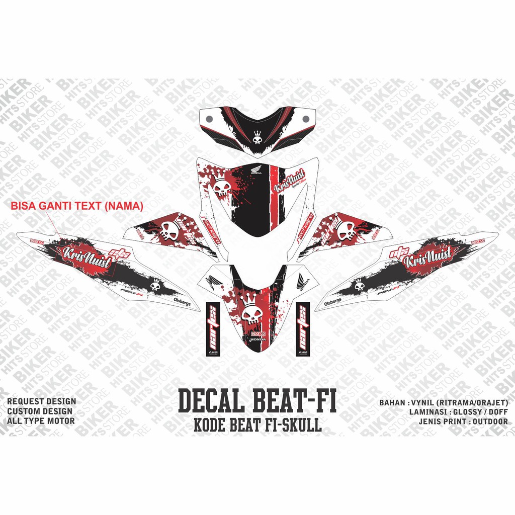 Decal Stiker Variasi Honda Beat Fi Skull Putih Merah Bisa Ganti