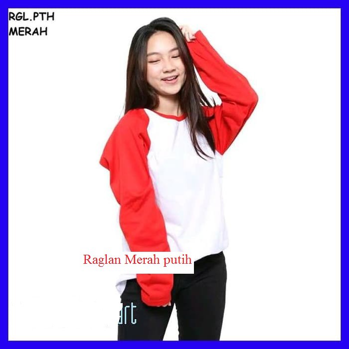 Kaos raglan panjang Putih lengan Merah /raglan wanita merah putih/ kaos raglan hijab/ winstar polos