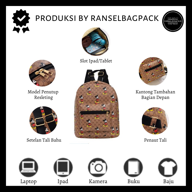 Tas Ransel Mini Karakter Print Mickey Mouse Anak Remaja Backpack Punggung Bahu Sekolah Travelling Model Korea Terbaru Kekinian Simple Kalsik Casual Elegan Perempuan Wanita Cewek
