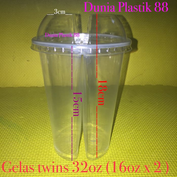 GELAS plastik unik kembar TWIN twins CUP 32oz 2 rasa minuman  TUTUP DP