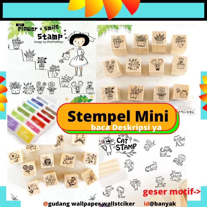 Stempel Cap Stamp Setempel Kayu Wood Korean korea  Karakter Cute Mini Mungil Lucu korean korea Untuk Buku Diary Diari Kekinian Motif Kucing Bunga