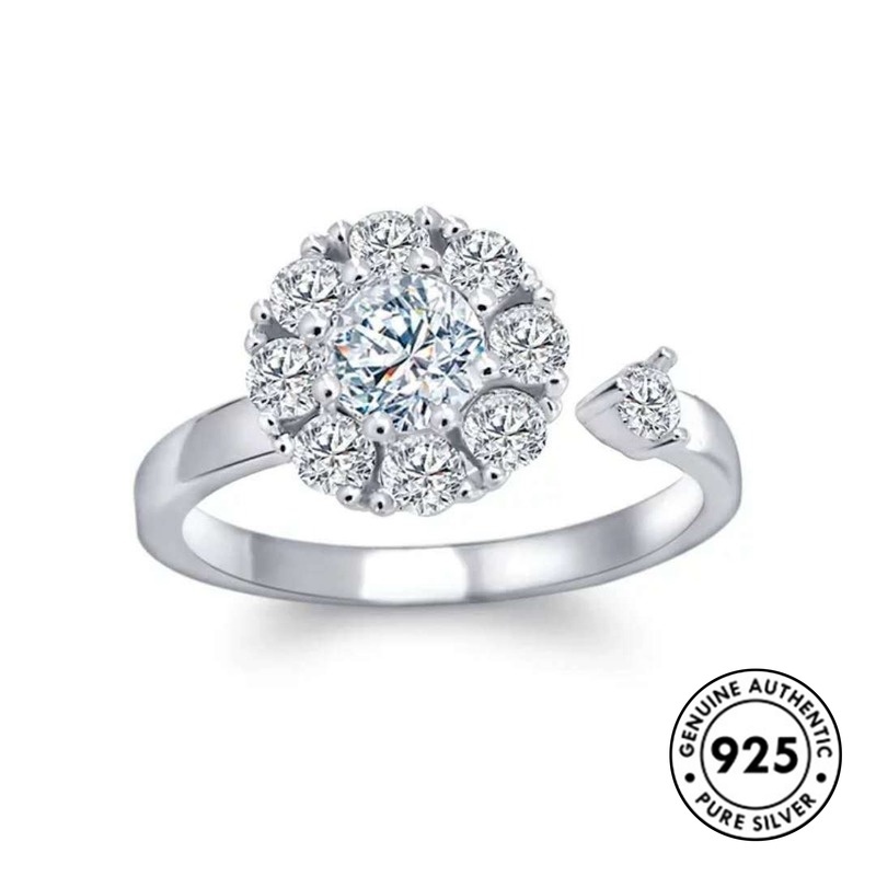 Cincin Sterling Silver 925 Model Terbuka Desain Bunga Hias Berlian Imitasi Untuk Wanita