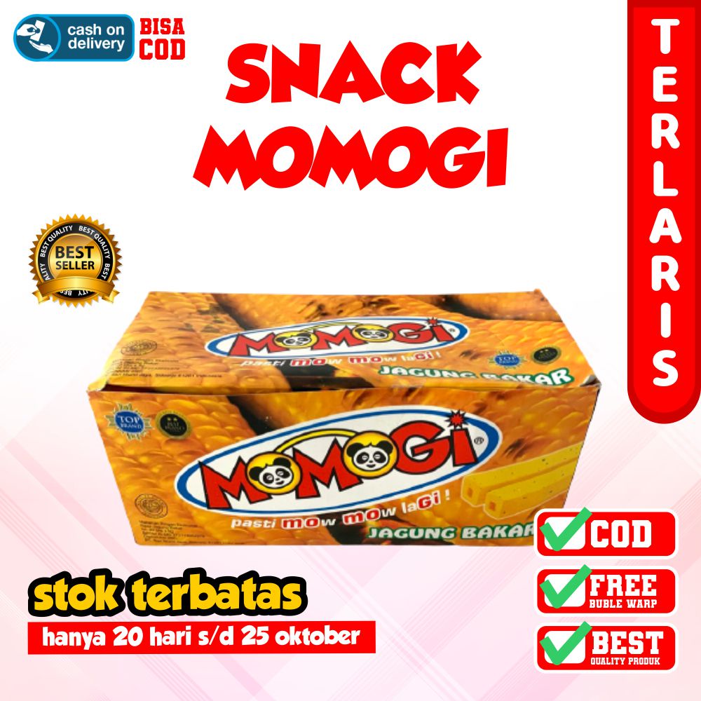 

MOMOGI SNACK WAFER STICK EXTRUDAT MAKANAN RINGAN CEMILAN JAGUNG BAKAR COKLAT 1 BOX ISI 20 PCS