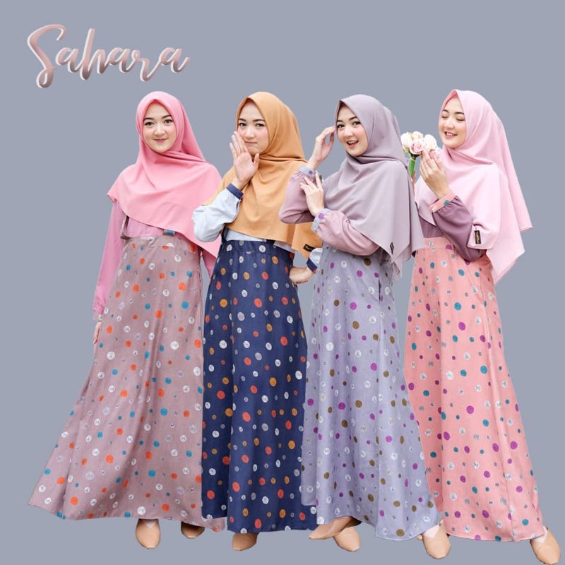Gamis Sahara aksen overall motif polkadot lucu Riskirich