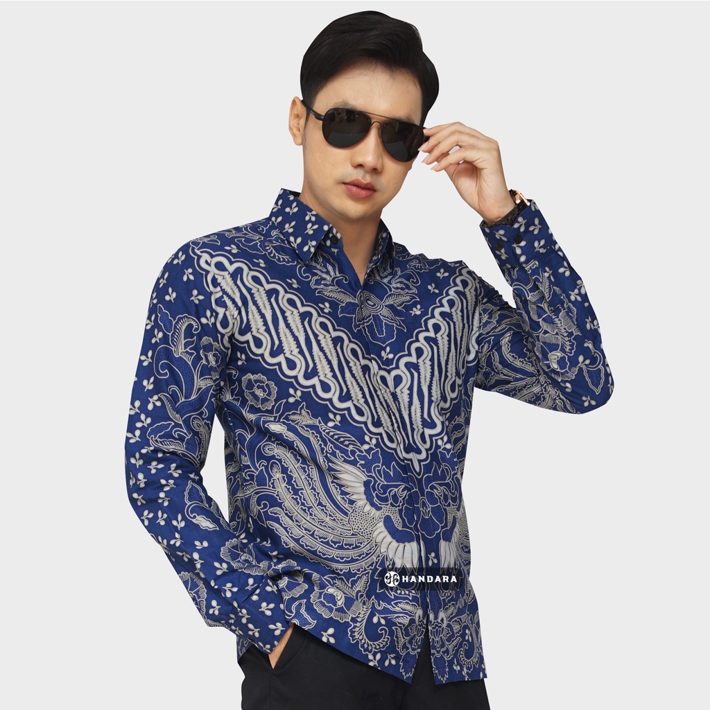 Baju Kemeja Batik Pria Lengan Panjang Slim Fit Premium Modern Full Furing Katun Halus Original Handara Motif Rangganatha Biru HB-129