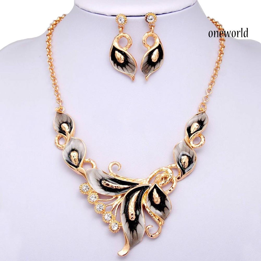 OW@ Women Enamel Flower Charm Rhinestone Stud Earrings Chain Necklace Jewelry Set