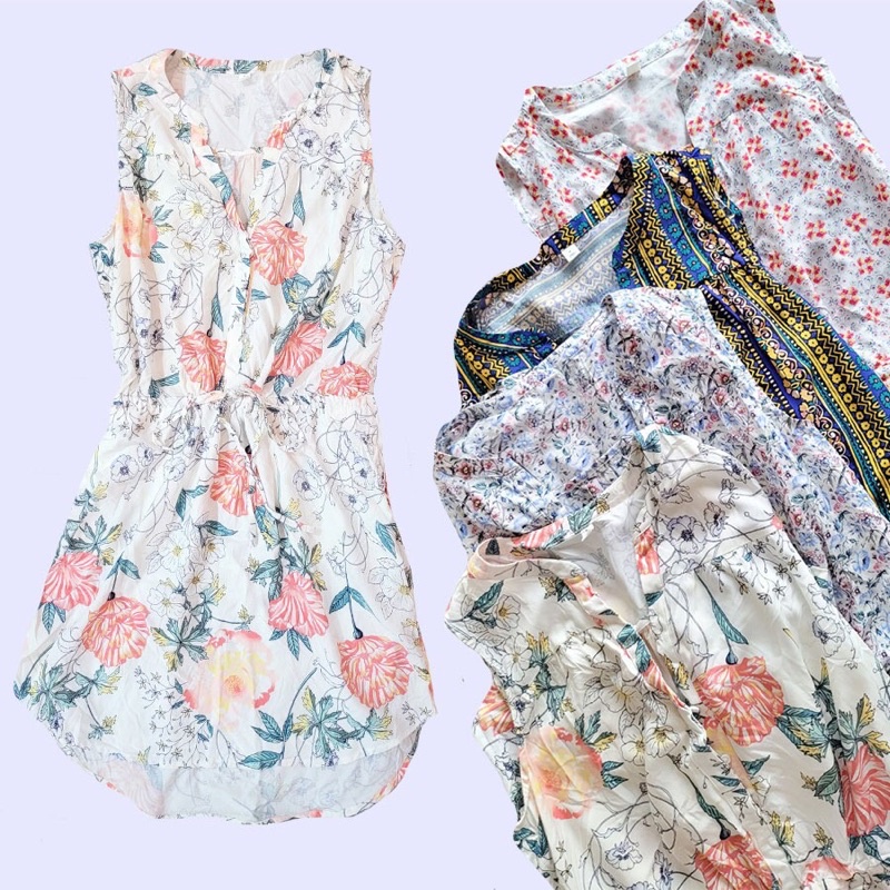 lovemecorner OLD NAVY DRAWSTRING SHIRT DRESS PINGGANG SERUT BAHAN FLOWY TIDAK KAKU MOTIF BUNGA