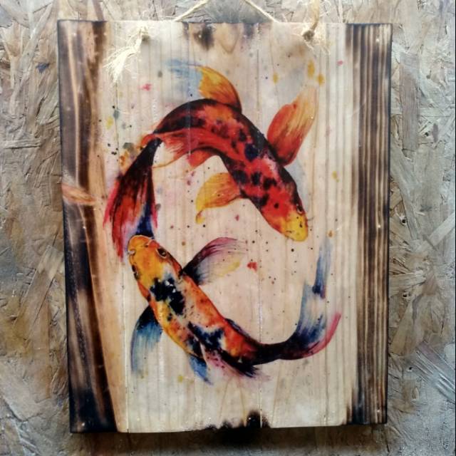 HIASAN DINDING LUKISAN KAYU IKAN KOI HOKI PAJANGAN VINTAGE DEKORASI KAFE CAFE RESTO JATIBELANDA
