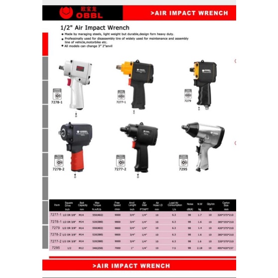 air impact wrench mesin buka baut roda mobil alat buka kunci roda angin 1/2 inch merek OBBL japan kwalitas terbaik