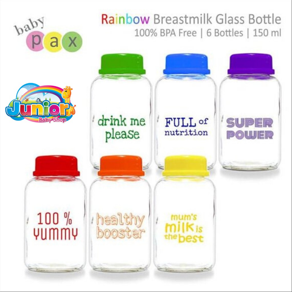 Baby Pax Botol Kaca Asi New Color Isi 6 - Rainbow Breast Milk Glass Bottle 150ml