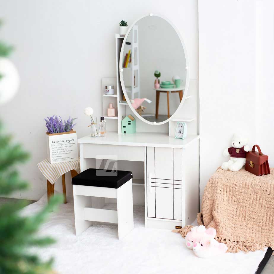 MEJA RIAS Kaca Minimalis Mini Kamar OVAL WHITE