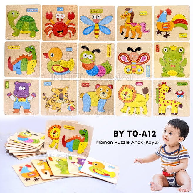 Puzzle Kayu mainan edukasi 3D KNOP kayu Gambar Hewan Puzzle game Animal Puzzle Toys Mainan Anak