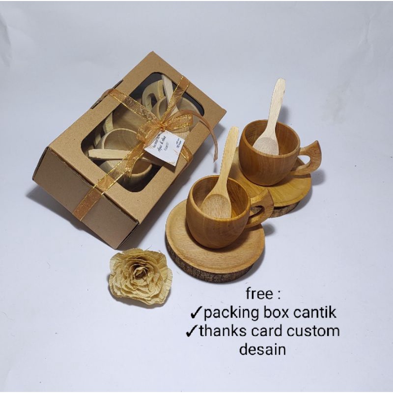 gift box cangkir kayu couple / set alat minum kayu/ hampers alat makan kayu
