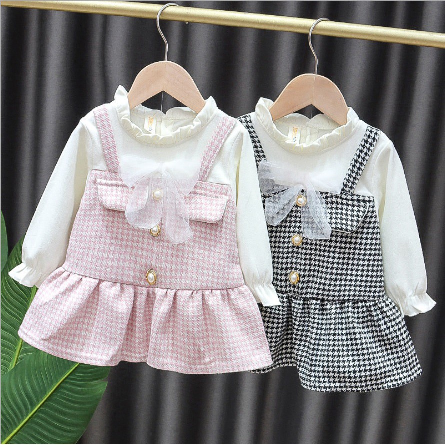 D91- Dress bayi /dress anak /pakaian bayi anak perempuan tebal  motif kotak kancing mutiara premium