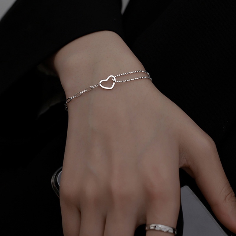 Gelang Rantai Bahan S925 Silver Double Layer Bentuk Hati Gaya Korea Untuk Wanita