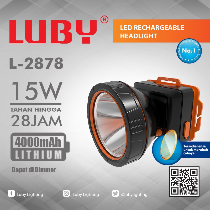 Luby Senter Kepala LED Super Terang Lithium L 2878 LAMPU PUTIH 15 Watt With Dimmer Switch Super LED