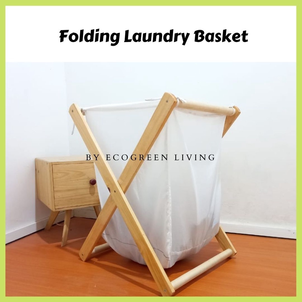 Ecogreen- Keranjang Laundry Kayu Aesthetic / Wooden Scandi Laundry Bag Tinggi 60 x 45 cm / Portable and Collapsible Folding Clothes