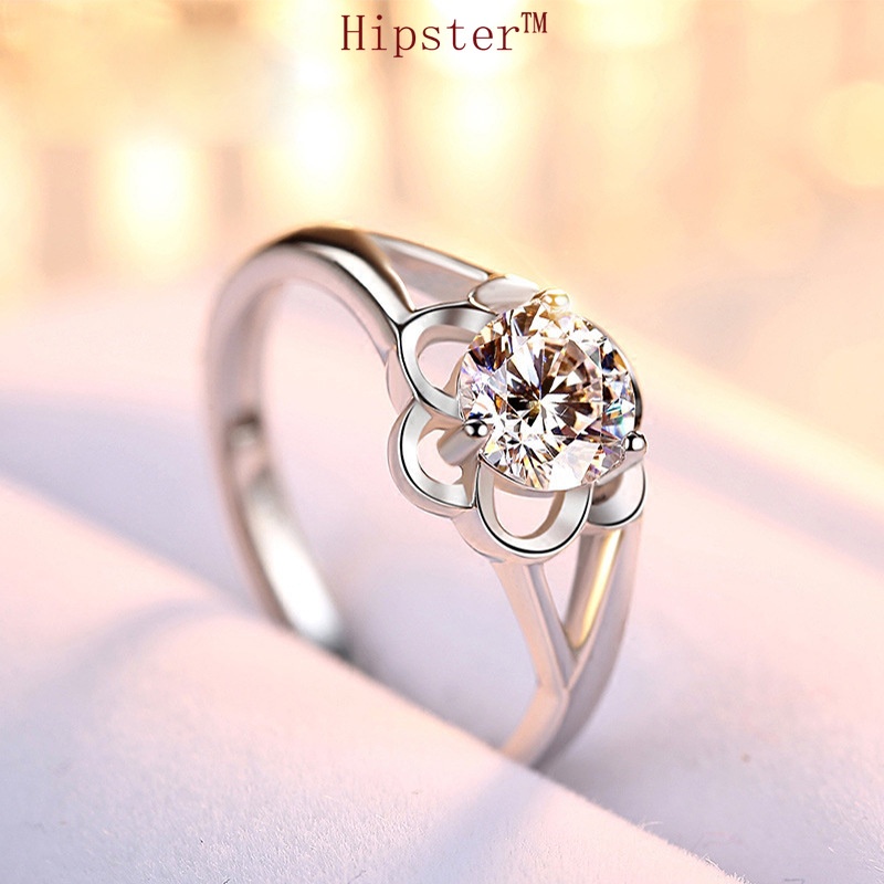 Korean Simple Temperamental Elegant Inlaid Moissanite Flower Ring