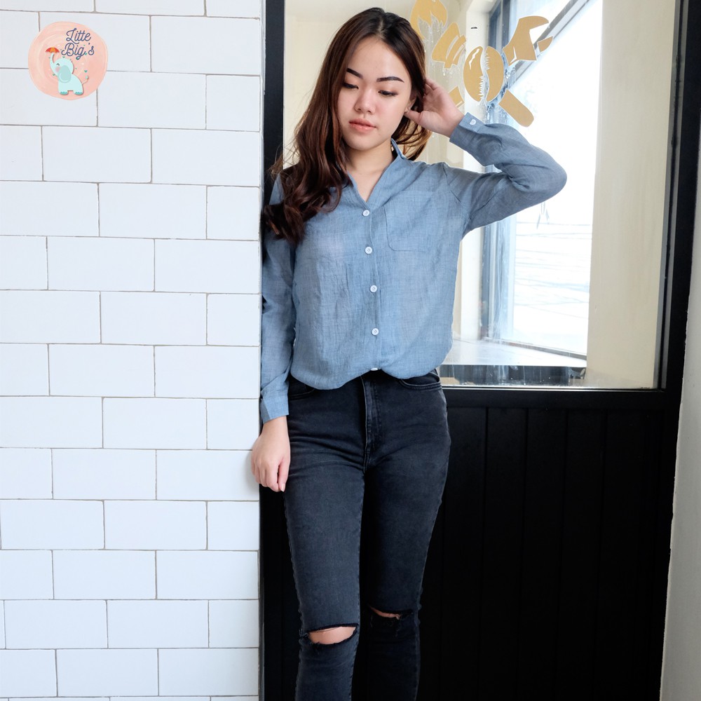 Kemeja biru polos/ Baju kemeja wanita/ kemeja casual polos