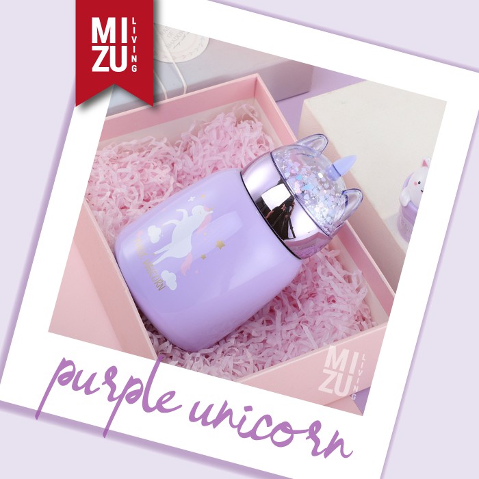 UNIDEER Termos Anak Unicorn Snow Globe 300ml Thermos Botol Air Minum Water Bottle Vacuum BPA-Free-PURPLE UNICORN