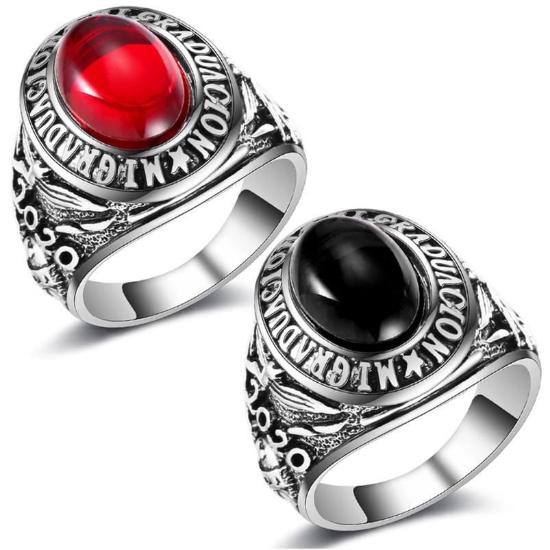 Cincin Batu Merah Raven Dan Wolf Never Fade Rune Bahan Stainless Steel Untuk Pria