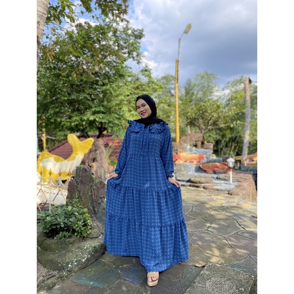 Gamis Jumbo long Dress Gamis Lebaran Idul fitri Gamis rubiah Crincle kerah korea Gamis rubiah Umpak-Denim