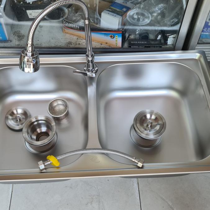 Bak Cuci Piring 2 Lubang Stainless Tebal 48X43X20 - Selang Todini