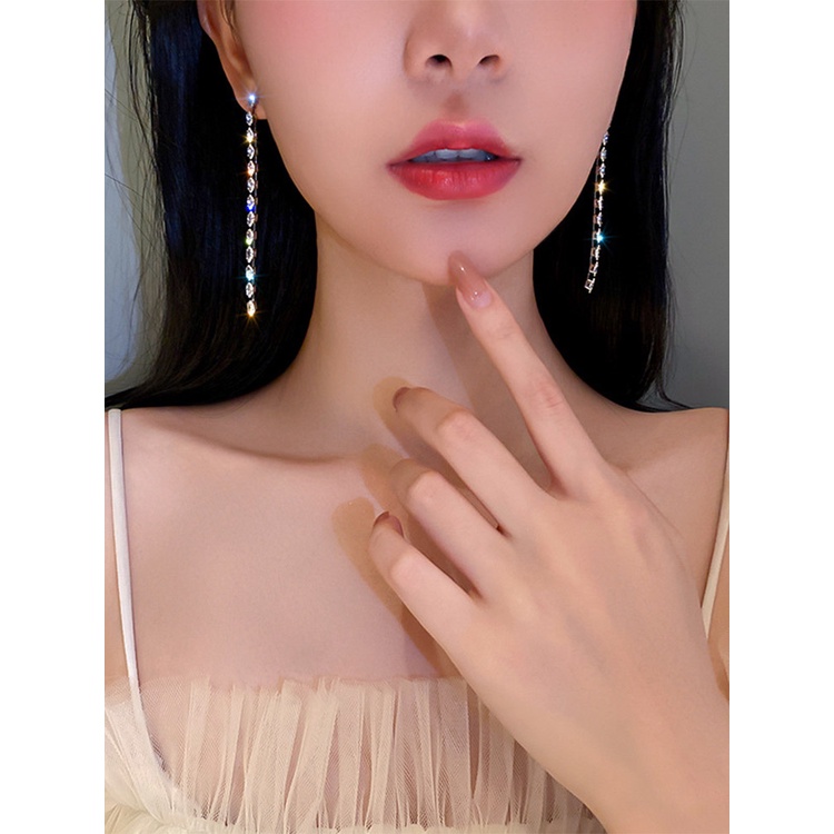 Anting Gantung Panjang Tusuk Motif Geometri Aksen Zircon + Kristal + Rumbai Untuk Perhiasan Wanita