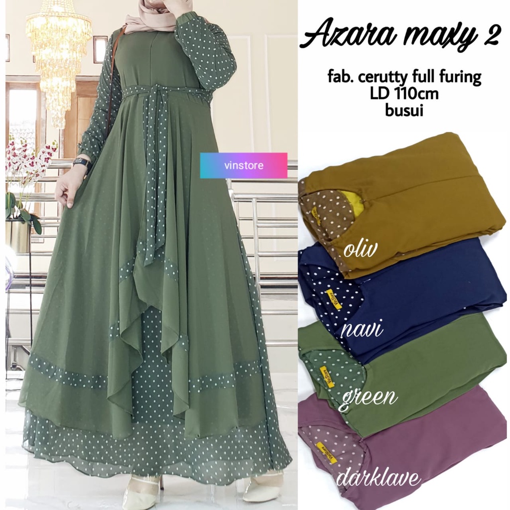 Gamis Ceruty Terabaru Maxi Dress Full Furing Dalam ll All Size Ld 110 Busui ll Azara Maxy 2 Original