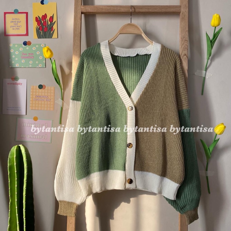 CARDIGAN RAJUT TWIST | OUTER OUTWEAR KNIT MIX WARNA KOMBINASI | CARDYGAN TEBAL PREMIUM HIGH QUALITY-Matcha Twist