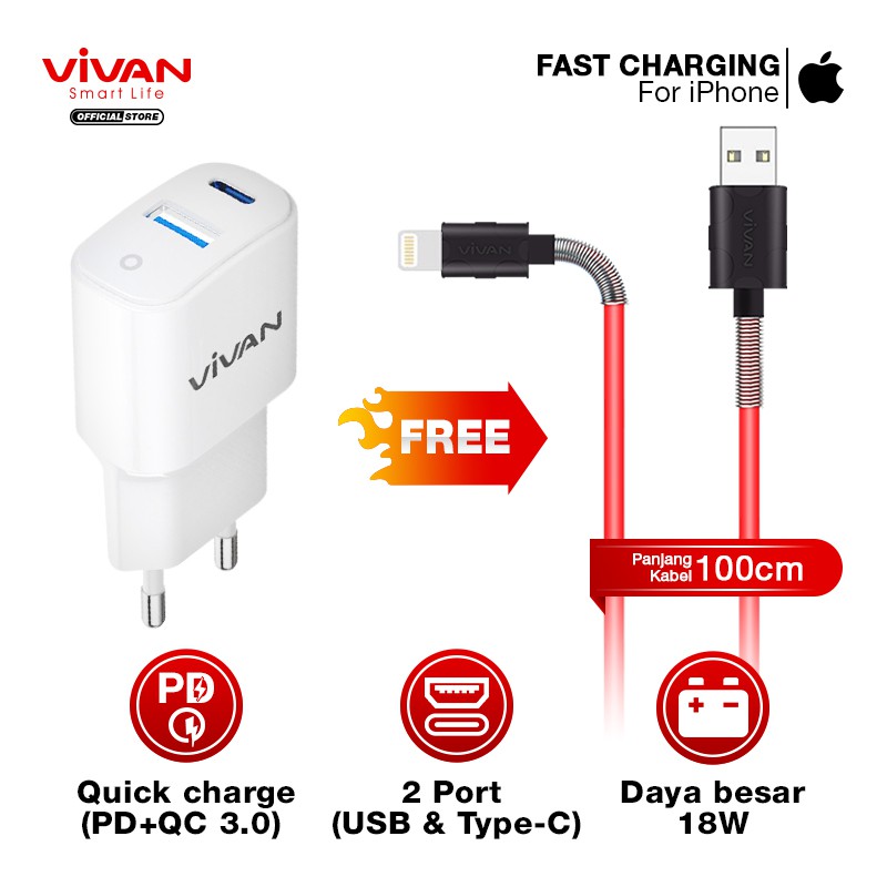 Charger Fast Charging VIVAN Dual Port USB (QC3.0) &amp; Type-C (PD) 3A 18W FREE Kabel iPhone (FL100)