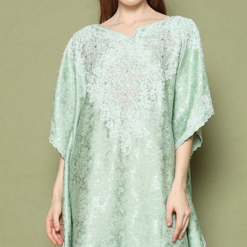 kaftan bordir payet sakura bahan jaguar dan satin outfit muslim pesta lebaran all size warna pastel