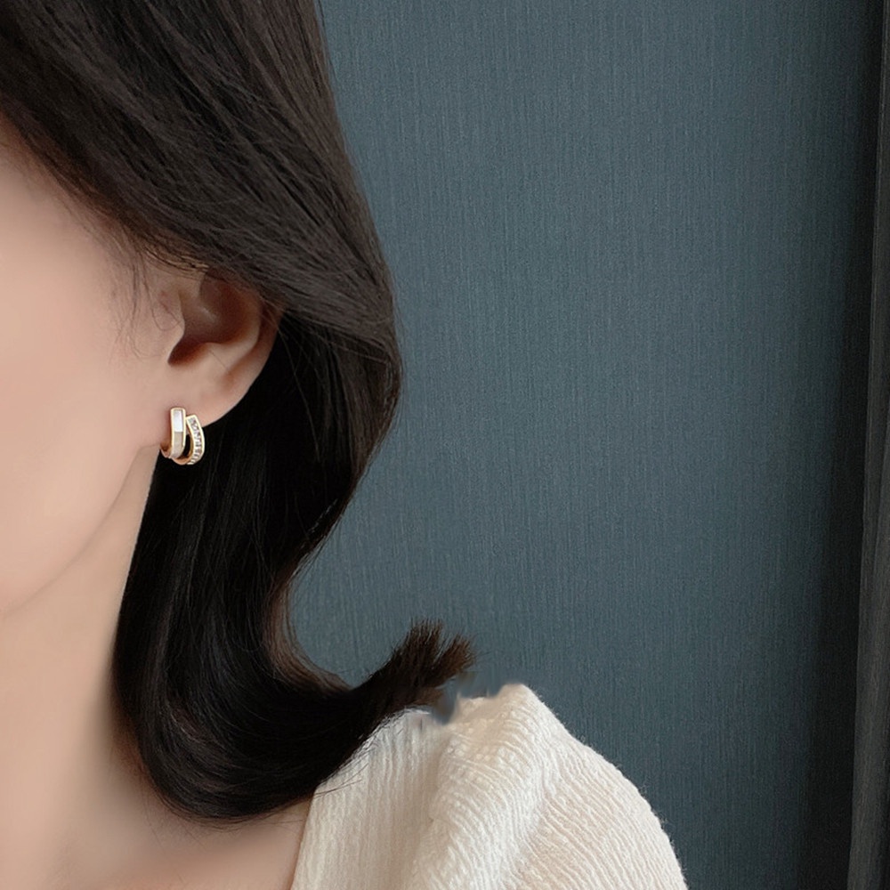 1 Pasang Anting Stud Berlian Imitasi Double Layer Gaya Korea Untuk Wanita