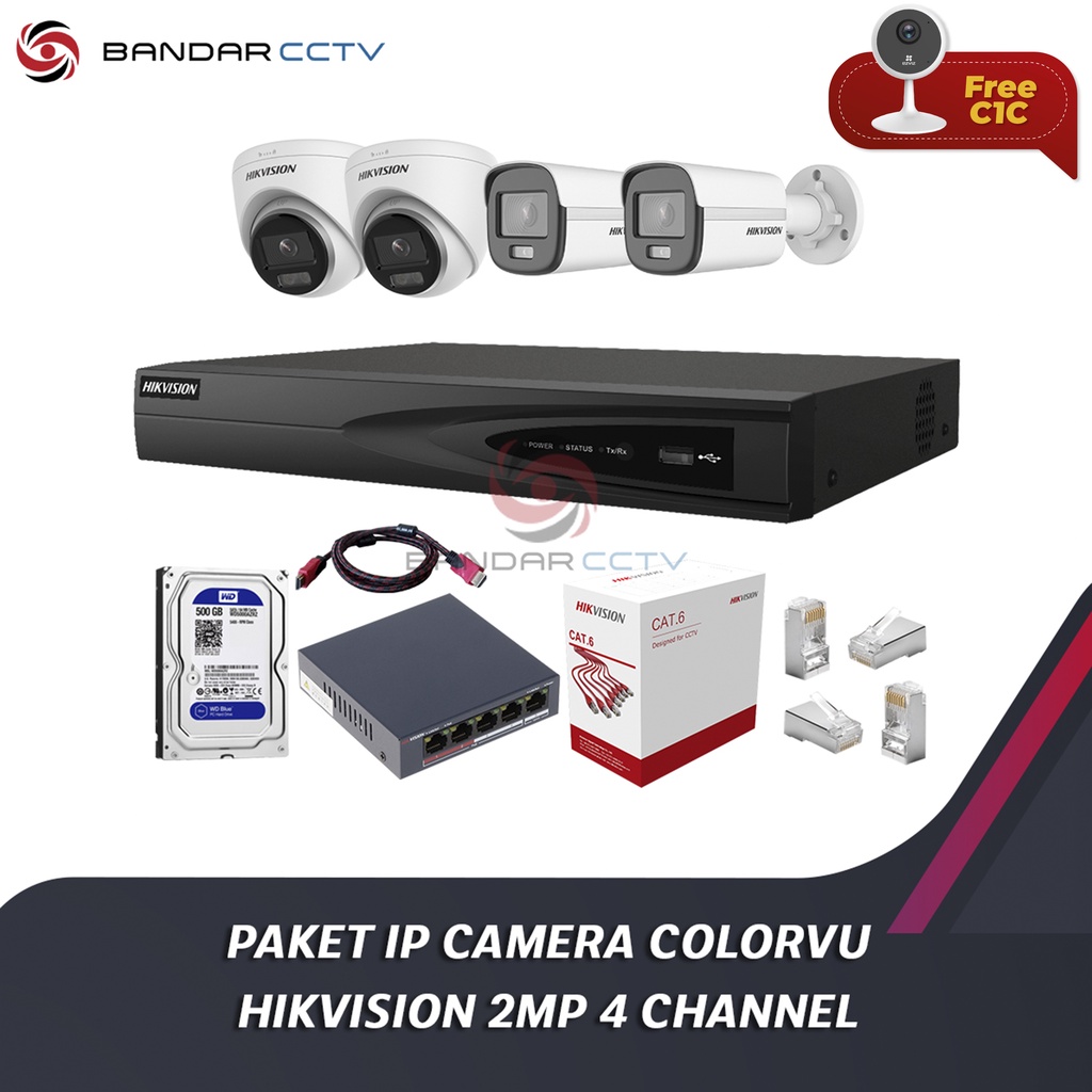 Paket IP Camera ColorVu Hikvision 2MP 4 Channel