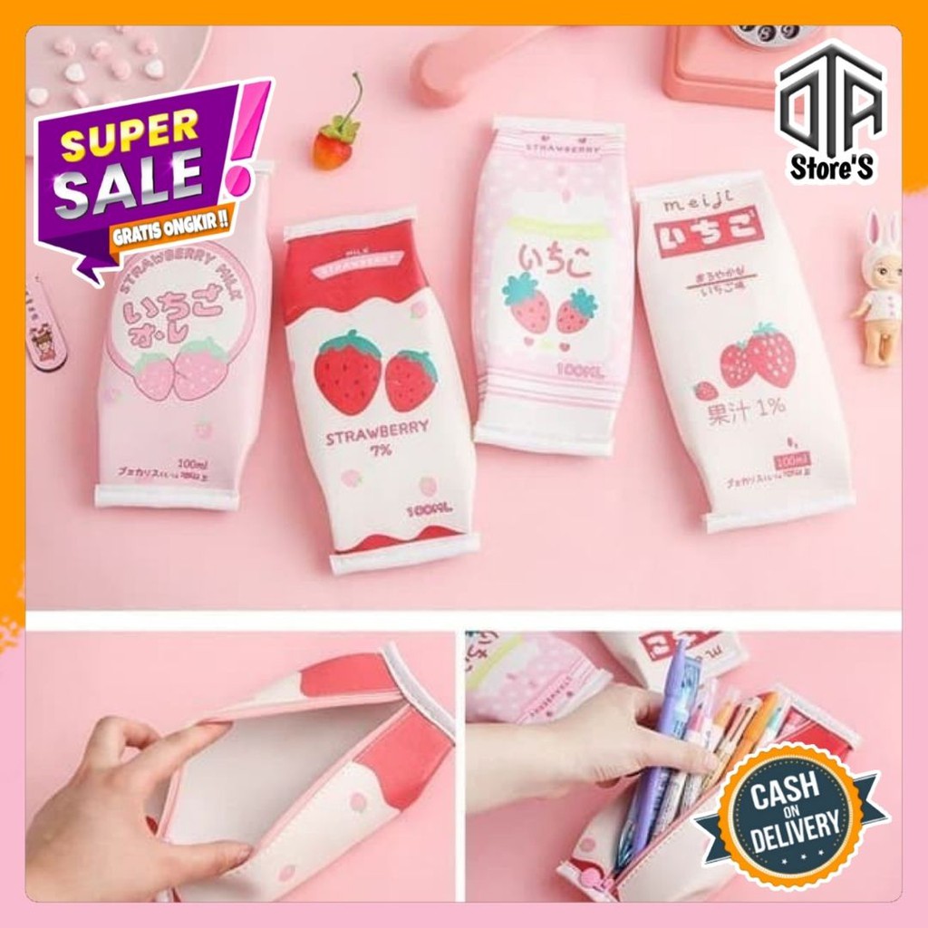 

Tempat Pensil Bentuk Kotak Susu Lucu Strawberry Milk Pencil Case Cute Pencil Bag Unik Murah