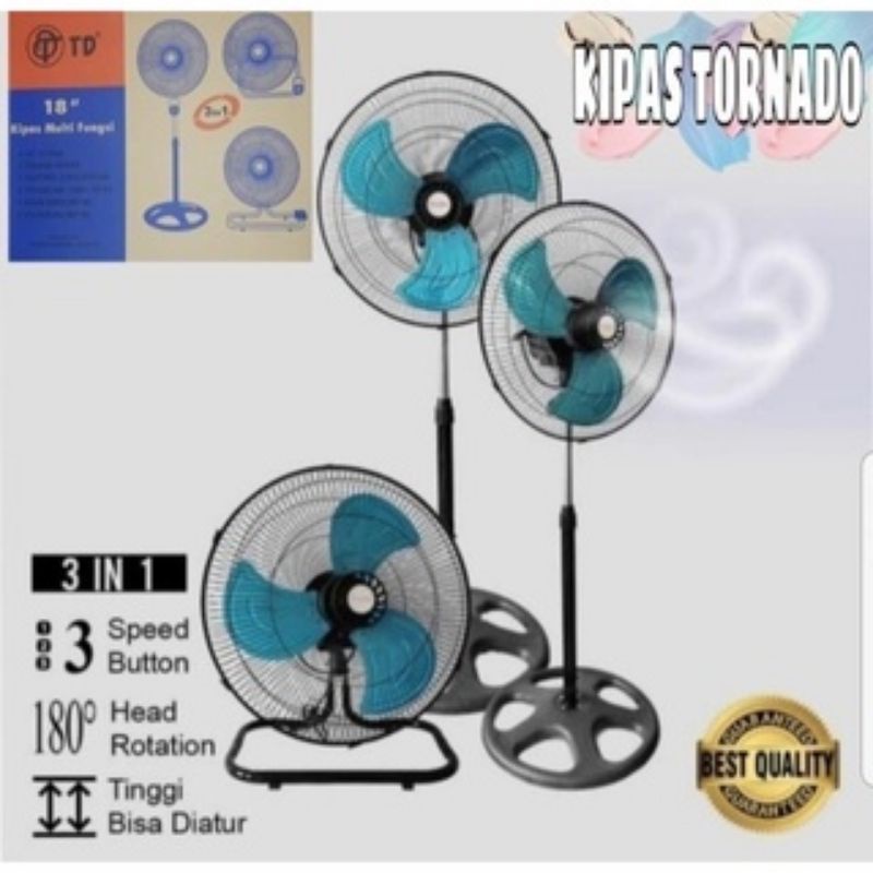 Kipas angin besi tornado 3in1 TD 18 inch bisa berdiri,bisa di atas meja bisa ditembok/dinding