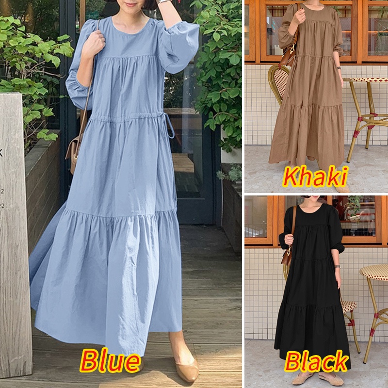 ZANZEA Women Korean Style Fashion Long Sleeve O-Neck Loose Ruffled Hem Maxi Dresses