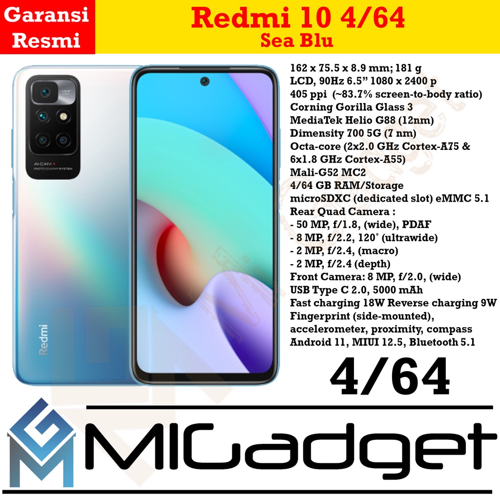 Redmi 10 4/64 Garansi Resmi 50MP Camera-Sea Blue
