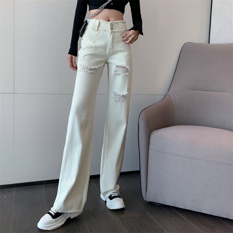 Suhao White High Waist Broken Jeans Celana Panjang Straight Wide Pants Drop Pants Versi Korea Fur Pants Pakaian Wanita Musim Semi dan Musim Panas