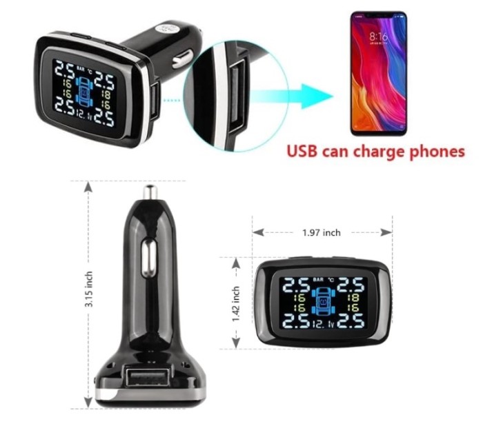 Solar Lighter TPMS + USB Charger Pengukur Pressure Tekanan Angin Ban Mobil