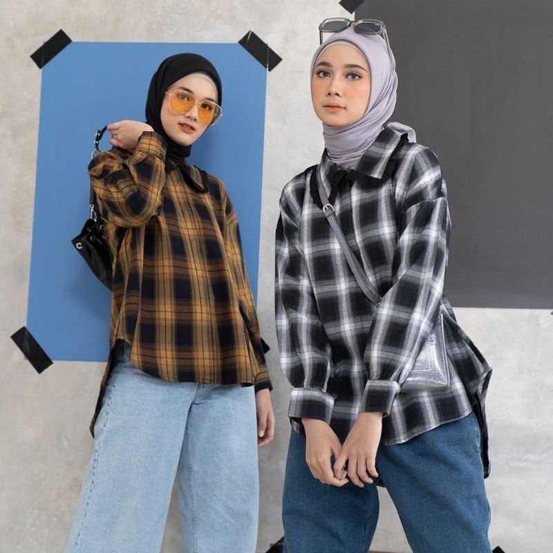 Kemeja flanel lengan panjang unisex motif kotak-kotak LD 106 cm