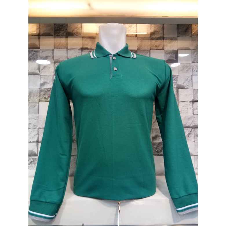Kaos Kerah Polo Shirt Lis Lengan Panjang Warna Hijau Tosca Tua Untuk Cewe Cowo Seragam Partai