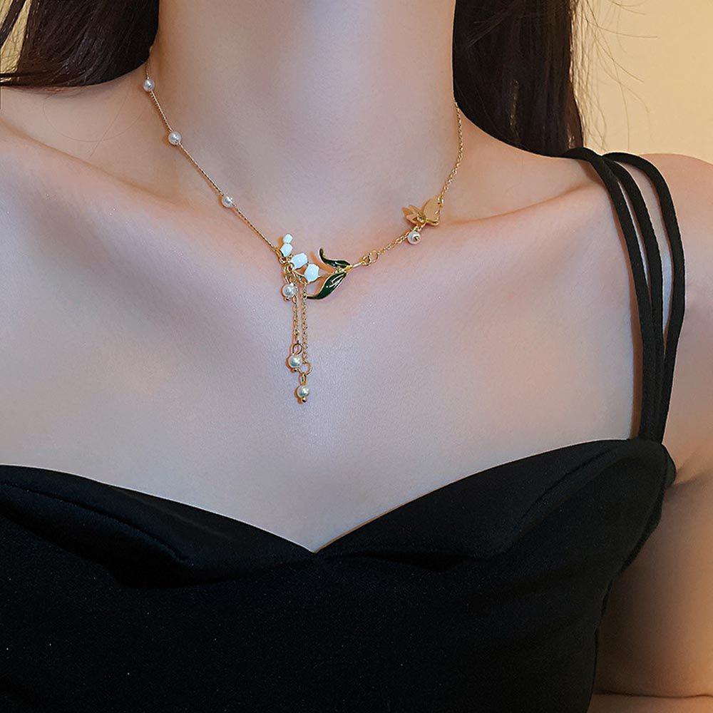 Needway   Kalung Rantai Korea Manis Vintage Mutiara Untuk Perempuan Kupu-Kupu Temperamen Perhiasan Leher