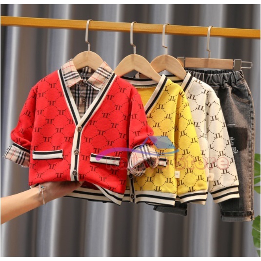 BAJU SET 3IN1/SETELAN ANAK IMPORT/CELANA PANJANG JEANS/BAJU KEMEJA KOTAK+CARDIGAN GUCCI