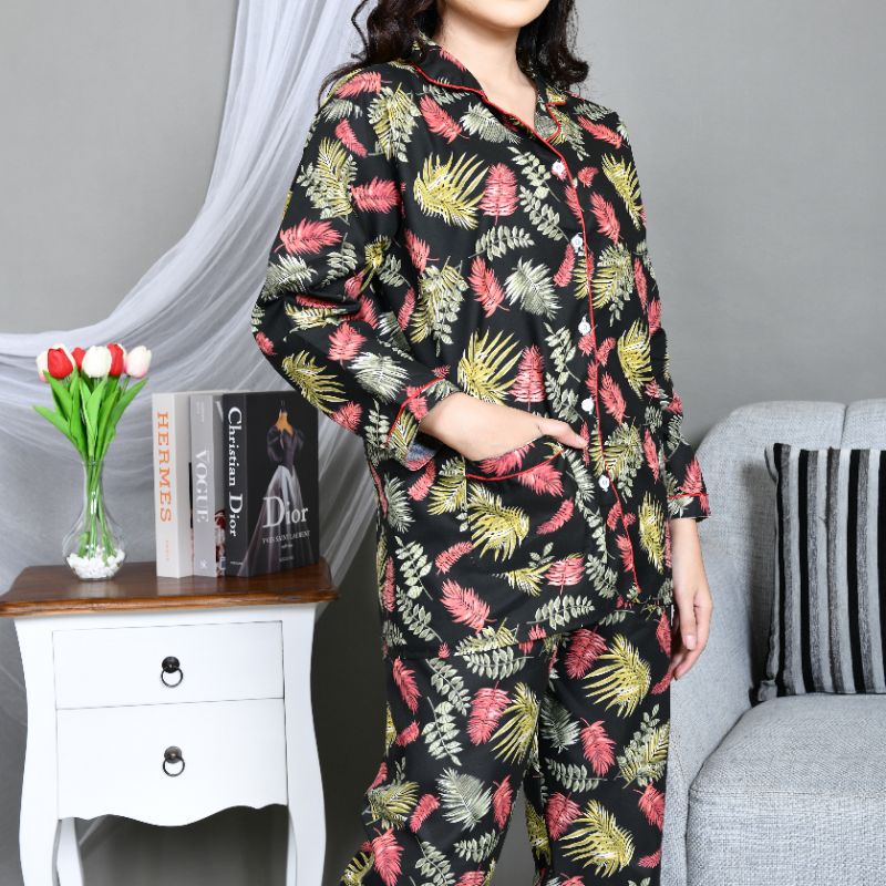 Baju Tidur Piyama Wanita/Cewek Pajamas Dewasa Katun Motif Daun Luina PP Lengan Panjang Kekinian