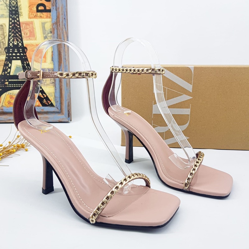 High heels 9cm small chain ankle stripe by Zara Import high quality fashion shoes sepatu tali wanita