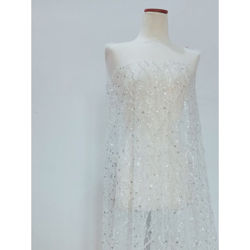 Premium wedding lace sparkling payet / tile variasi sequin brukat gliter putih silver