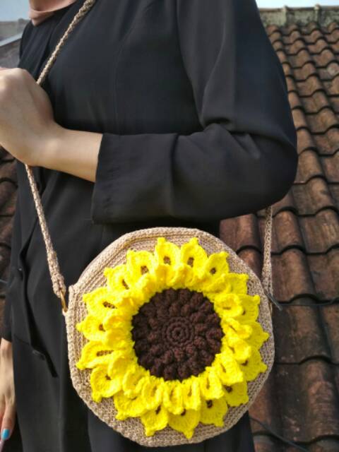 Tas Rajut Bulat Bunga Matahari Sunflower Crochet Bag Shopee Indonesia