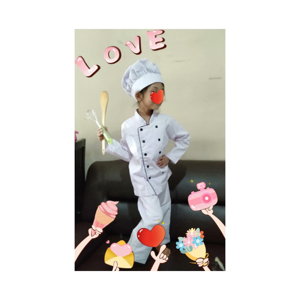 BAJU KOKI  LENGKAP CELANA +TOPI ANAK TANGAN PANJANG PUTIH / KOSTUM KOKI / LITTLE CHEF