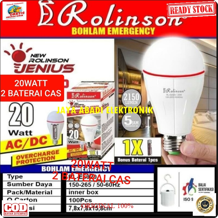 G547 ORIGINAL 20 WATT LAMPU EMERGENSI EMERGENCI EMERGENCY LED PUTIH DARURAT DUA BATERAI CAS LEPAS 18